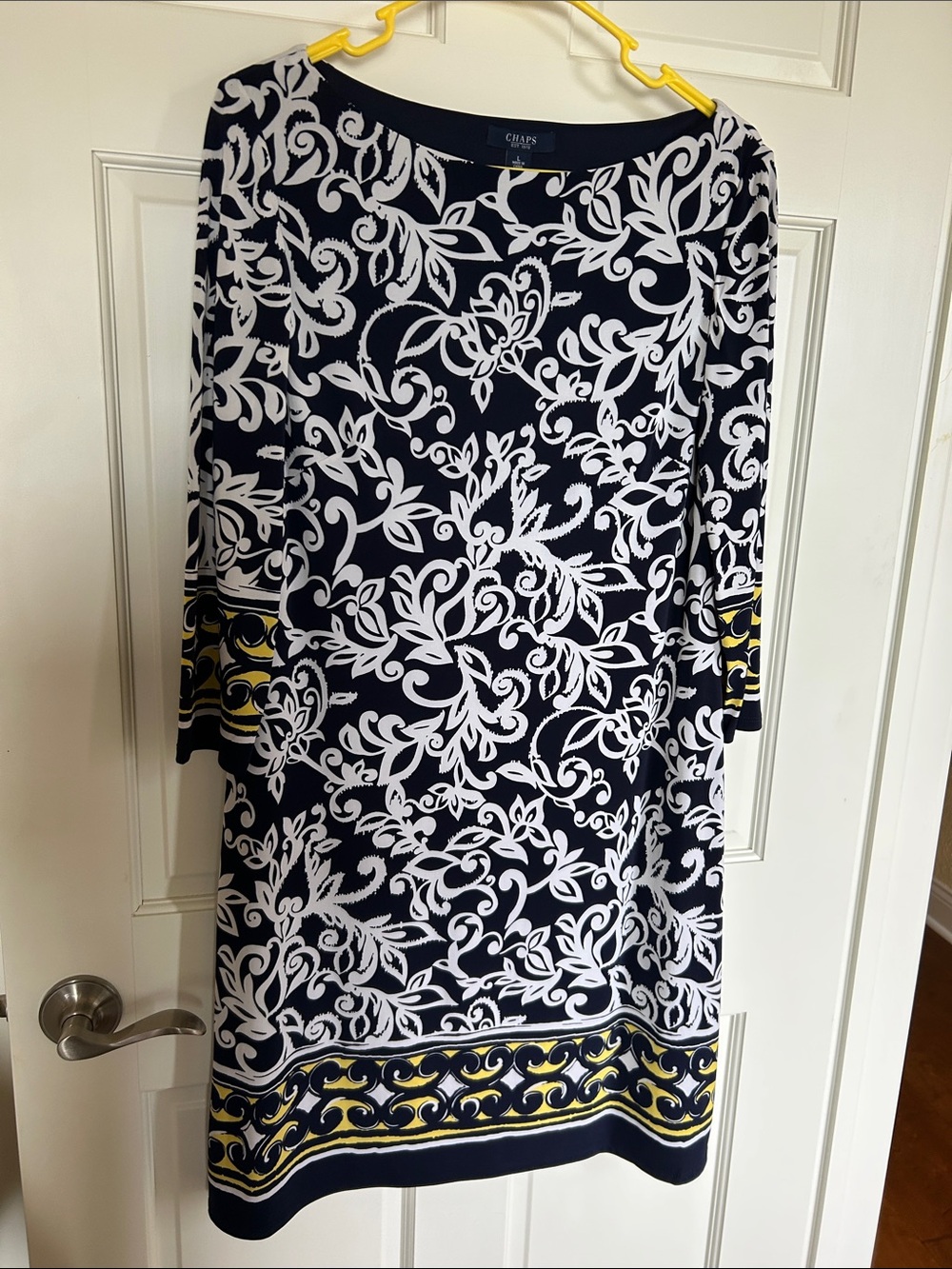 Chaps Navy, White & Yellow Scroll-Print Midi Dress